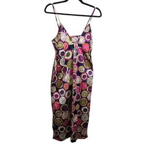 Tessuto Vintage 90s Silk Slip Midi Dress Multi Color Circles Women SZ 8 Festival